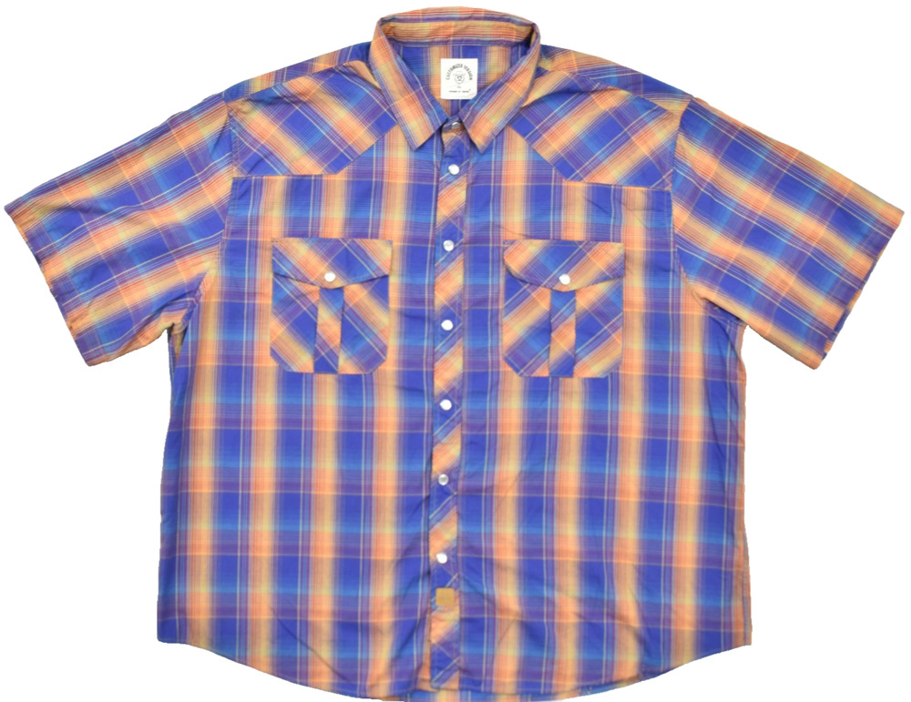 DUBINIK Men's 3XL Western Pearl Snap Shirt Plaid Short Sleeve Blue Orange Cotton